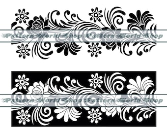May include: Black and white floral design with scrolling leaves and flowers. The design is repeated on a white and black background. The text "Pattern World Shop" is in the center of the design.