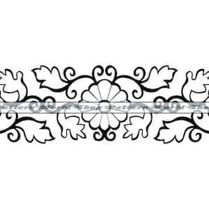 May include: Black and white floral design with intricate details, featuring stylized leaves and flowers. The design is symmetrical and creates a repeating pattern.