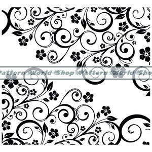 May include: Black and white floral design with intricate swirls and leaves. The design is repeated twice, creating a symmetrical pattern.
