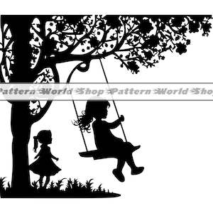 Brincando de crianças SVG, Swinging Girl SVG, Little Girl on Swing Svg, Clipart, Arquivos para Cricut, Arquivos cortados para silhueta, DXF, Png, Eps,Vector