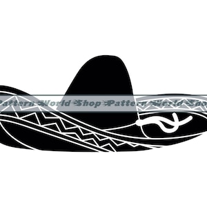 May include: Black and white silhouette of a sombrero hat with a wide brim and a pointed crown.