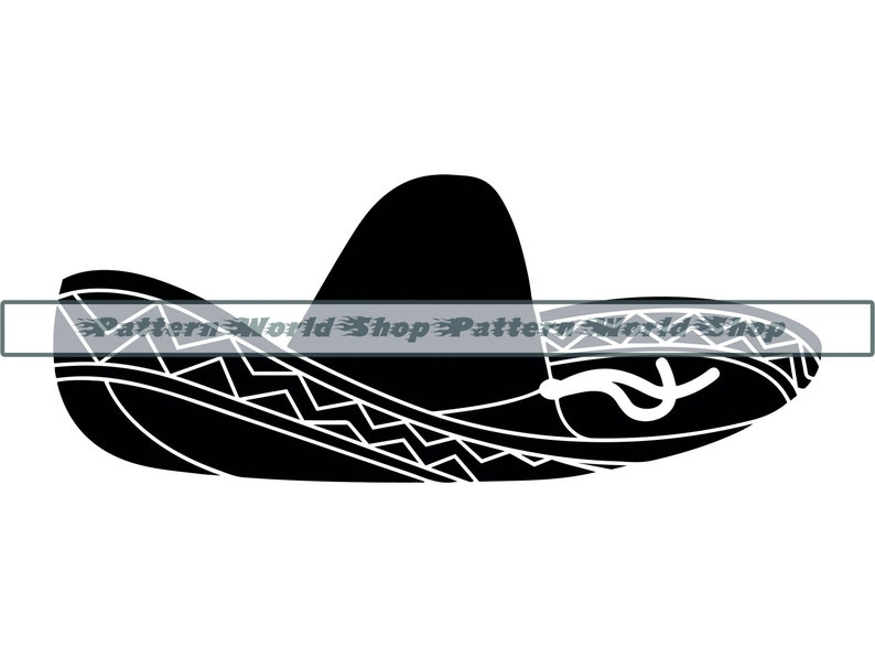 May include: Black and white silhouette of a sombrero hat with a wide brim and a pointed crown.
