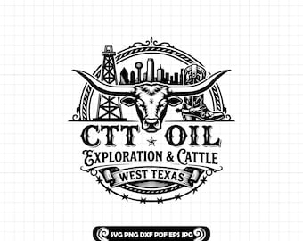 Exploración petrolera y ganadería CTT SVG PNG Dxf, diseño de insignia del oeste de Texas Longhorn