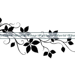 Puede incluir: Silueta negra de una vid frondosa con múltiples hojas y zarcillos. La vid está colocada horizontalmente en la imagen, con el texto "Pattern World Shop" en un rectángulo.