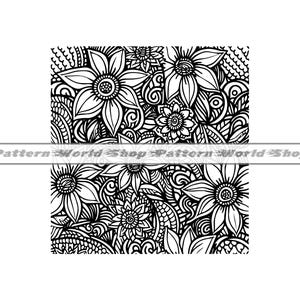 May include: Black and white floral pattern with intricate details. The design features stylized flowers, leaves, and swirls.