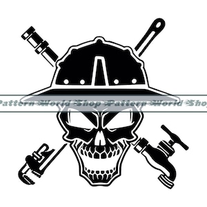 May include: Black and white illustration of a skull wearing a hard hat with crossed wrenches and a faucet. The skull is wearing a hard hat and has a menacing expression.