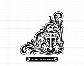 Corner Cross Leather Tooling SVG PNG DXF, Ornate Religious Scroll Cut File
