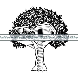 May include: Black and white illustration of a treehouse with a ladder. The treehouse is built into the branches of a large tree.
