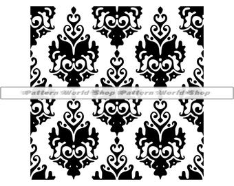 May include: Black and white damask pattern. The design features repeating ornate floral and scroll motifs. The text "Pattern World Shop" is displayed across the image. This pattern is suitable for various design projects.