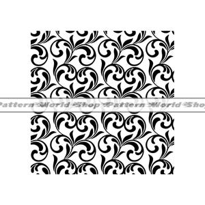 May include: Black and white seamless pattern with a repeating design of stylised floral swirls.