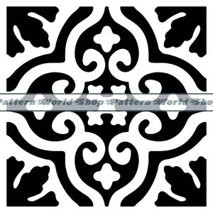 May include: Black and white tile pattern with a repeating floral design. The pattern features intricate swirls and leaves.