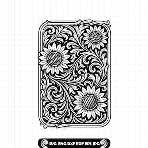 May include: Black and white floral design featuring three sunflowers and intricate scrollwork. The rectangular design has rounded corners and is framed by a decorative border. The bottom of the image includes the text "SVG PNG DXF PDF EPS JPG".