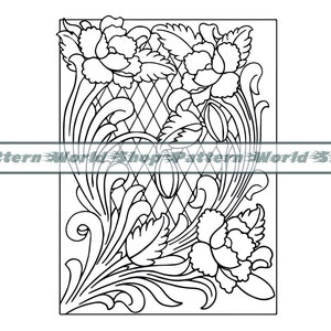 May include: Black and white line art design of a floral pattern with three flowers and a diamond grid background. The design is suitable for leather carving, wood carving, or other crafts.