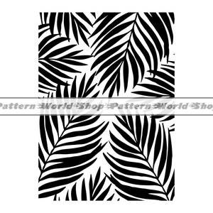 May include: Black and white silhouette pattern of palm leaves. The pattern is seamless and can be used for a variety of projects, such as fabric, wallpaper, and wrapping paper.