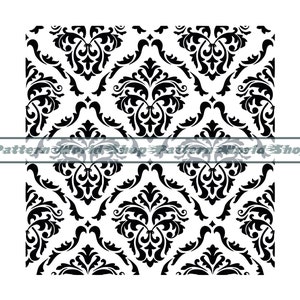 May include: Black and white damask pattern with a repeating design of stylized floral motifs. The pattern is seamless and can be used for a variety of purposes, such as wallpaper, fabric, or wrapping paper.
