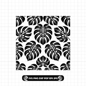 May include: A repeating black and white pattern featuring stylised Monstera leaves. The leaves have a distinctive split design. The image includes the text "SVG PNG DXF PDF EPS JPG" in a circular design at the bottom.
