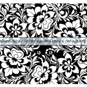 May include: Black and white floral pattern with intricate details. The design features stylised flowers and leaves, creating a repeating pattern.
