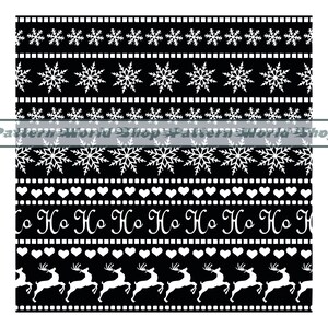 May include: Black and white seamless pattern featuring snowflakes, hearts, and reindeer. The pattern repeats the phrase "Ho Ho Ho" in a festive design.