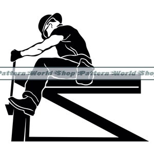 May include: A black and white silhouette of a person seated on a structure, holding a long object. The person is wearing a hat and gloves. The text "Pattern World Shop" is displayed across the image.