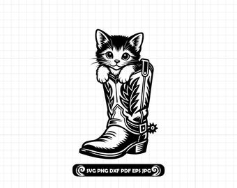 Cowgirl Boot Kitten SVG PNG DXF, Western Cat Cut File