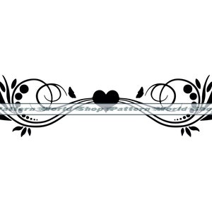 May include: Black and white decorative design with a heart in the center and floral accents on either side.