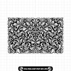 May include: Black and white floral design with intricate details. The rectangular pattern features swirling leaves and ornate scrollwork. The bottom right corner includes the text "SVG PNG DXF PDF EPS JPG".