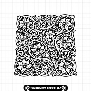 Könnte beinhalten: Schwarz-weißes Blumendesign mit wirbelnden Mustern und stilisierten Blumen. Das Design ist quadratisch und symmetrisch, mit einem sich wiederholenden Motiv. Der Text "SVG PNG DXF PDF EPS JPG" ist enthalten.