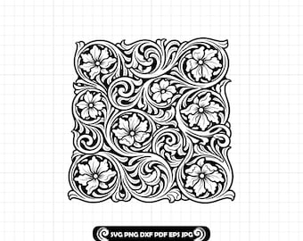 Cuero repujado SVG PNG DXF, Patrón de cuero repujado, Diseño floral de talla de flores del oeste, Envoltura para vaso, Archivo de corte Cricut Silhouette n.° 138