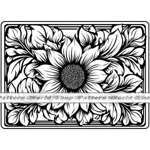 May include: Black and white line art illustration of a sunflower with intricate details in the petals and leaves. The sunflower is framed by a square border.