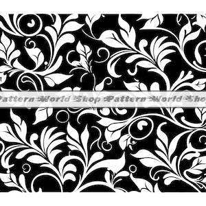 May include: A black and white floral pattern featuring swirling vines and leaves. The design shows a repeating pattern of stylized foliage, with the text "Pattern World Shop" across the center.