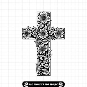May include: Black and white floral cross design. The cross is adorned with detailed flower and leaf patterns. The image includes the text "SVG PNG DXF PDF EPS JPG".
