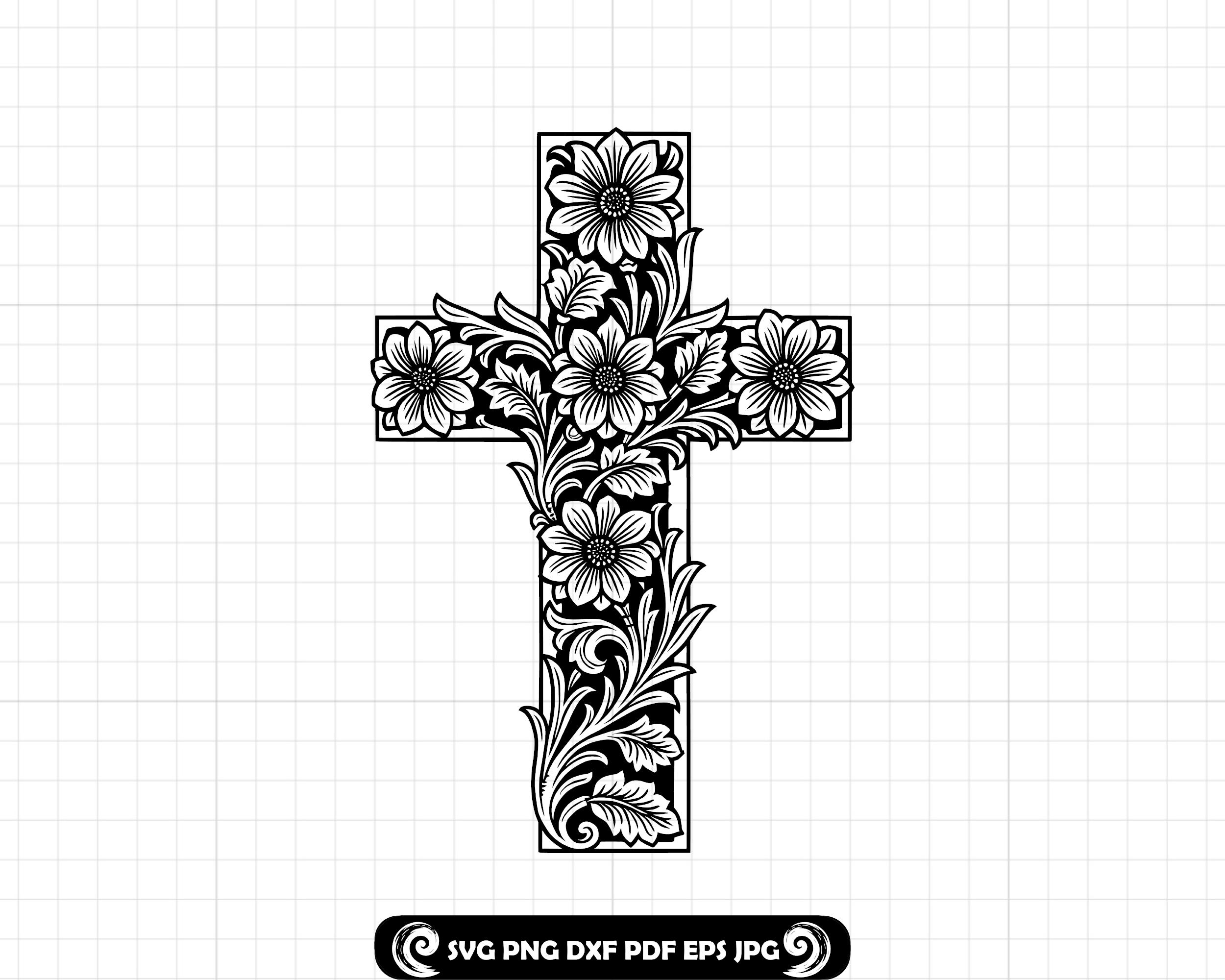 engrave the cross レザーストール Tooled Leather Floral Cross SVG PNG DXF, Western Cross Carving