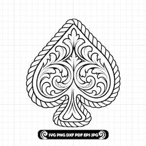 May include: Black and white spade symbol with intricate floral design. The spade is outlined with a rope-like border. The bottom of the image contains the text "SVG PNG DXF PDF EPS JPG".