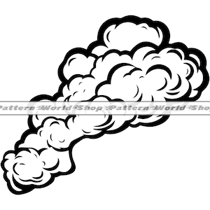 May include: Black and white illustration of a large cloud of smoke. The smoke is thick and billowing, with a swirling, chaotic pattern.