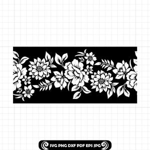 Floral Border SVG, Flower Strip Panel Cut File, Black and White Floral DXF PNG for Cricut, Laser Engraving, Wedding Craft Design image 1