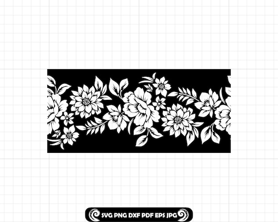 Floral Border SVG, Flower Strip Panel Cut File, Black and White Floral DXF PNG for Cricut, Laser Engraving, Wedding Craft Design