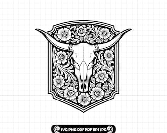 Marco floral de calavera de cuernos largos occidentales SVG PNG DXF, archivo de corte rústico estilo rancho