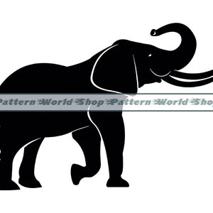 May include: Black silhouette of an elephant with its trunk raised in the air. The elephant is facing the right side of the image.
