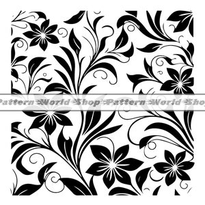 Puede incluir: Patrón floral en blanco y negro con flores y hojas estilizadas. El patrón es sin costuras y se puede utilizar para una variedad de propósitos, como tela, papel tapiz o papel de envolver.