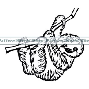 May include: Black and white line art illustration of a sloth hanging upside down from a branch. The sloth has a relaxed expression and is depicted with fur.