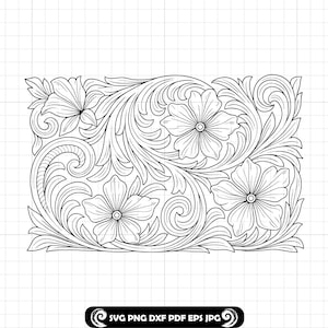 May include: Black and white floral design with swirling leaves and four flowers. The design is rectangular and features the text "SVG PNG DXF PDF EPS JPG".