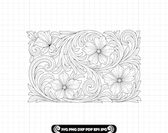 May include: Black and white floral design with swirling leaves and four flowers. The design is rectangular and features the text "SVG PNG DXF PDF EPS JPG".