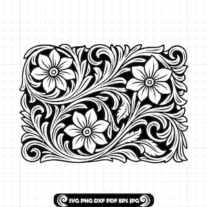 Puede incluir: Diseño floral en blanco y negro con tres flores y hojas en espiral. El diseño rectangular incluye el texto "SVG PNG DXF PDF EPS JPG" en un logotipo circular en la parte inferior.