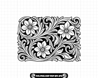May include: Black and white floral design with three flowers and swirling leaves. The design is rectangular and features the text "SVG PNG DXF PDF EPS JPG" in a circular logo at the bottom.