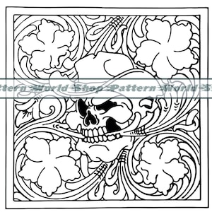 Skull Pattern Tooled Leather SVG, Western Tooled Leather SVG, Seamless Pattern, Swirls Swoosh Scroll PNG, Floral Vines, Cut, Cricut