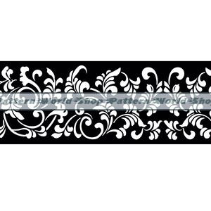 May include: Black and white decorative design with a floral pattern. The design features intricate swirls and leaves.