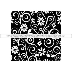 May include: Black and white seamless pattern featuring stylised flowers, swirls, and circles. The pattern is perfect for fabric, wallpaper, or digital design projects.