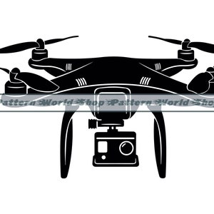 May include: Black and white silhouette of a drone with four propellers and a camera attached to the bottom.
