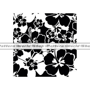 May include: Black and white seamless pattern featuring hibiscus flowers. The flowers are arranged in a repeating pattern, creating a tropical feel.