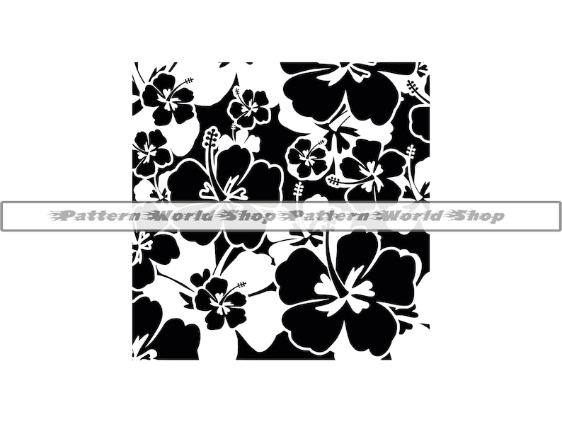 May include: Black and white seamless pattern featuring hibiscus flowers. The flowers are arranged in a repeating pattern, creating a tropical feel.